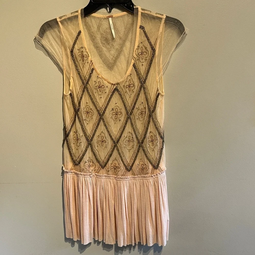 Free People Sheer Embroidered Short Sleeve Top - pink and Black - Picture 2 of 10